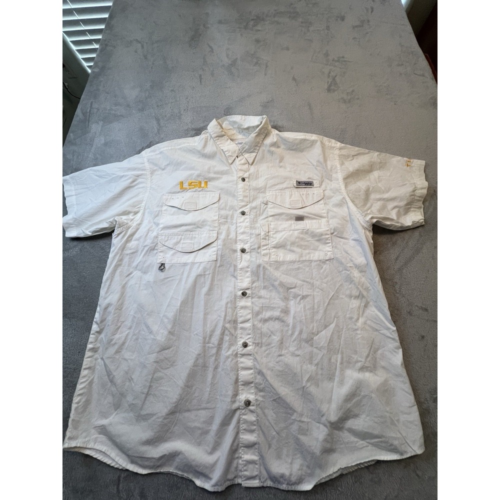 Columbia Mens Shirt XXL White PFG LSU Fishing Vented Short Sleeve Button Up